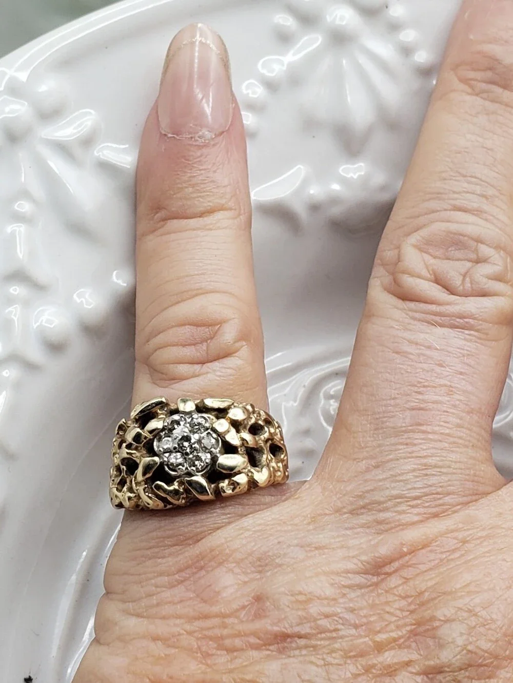 10k Gold Mens Nugget Ring w/ 7 Diamonds Cluster Vintage Neo Classic Luxury 6
